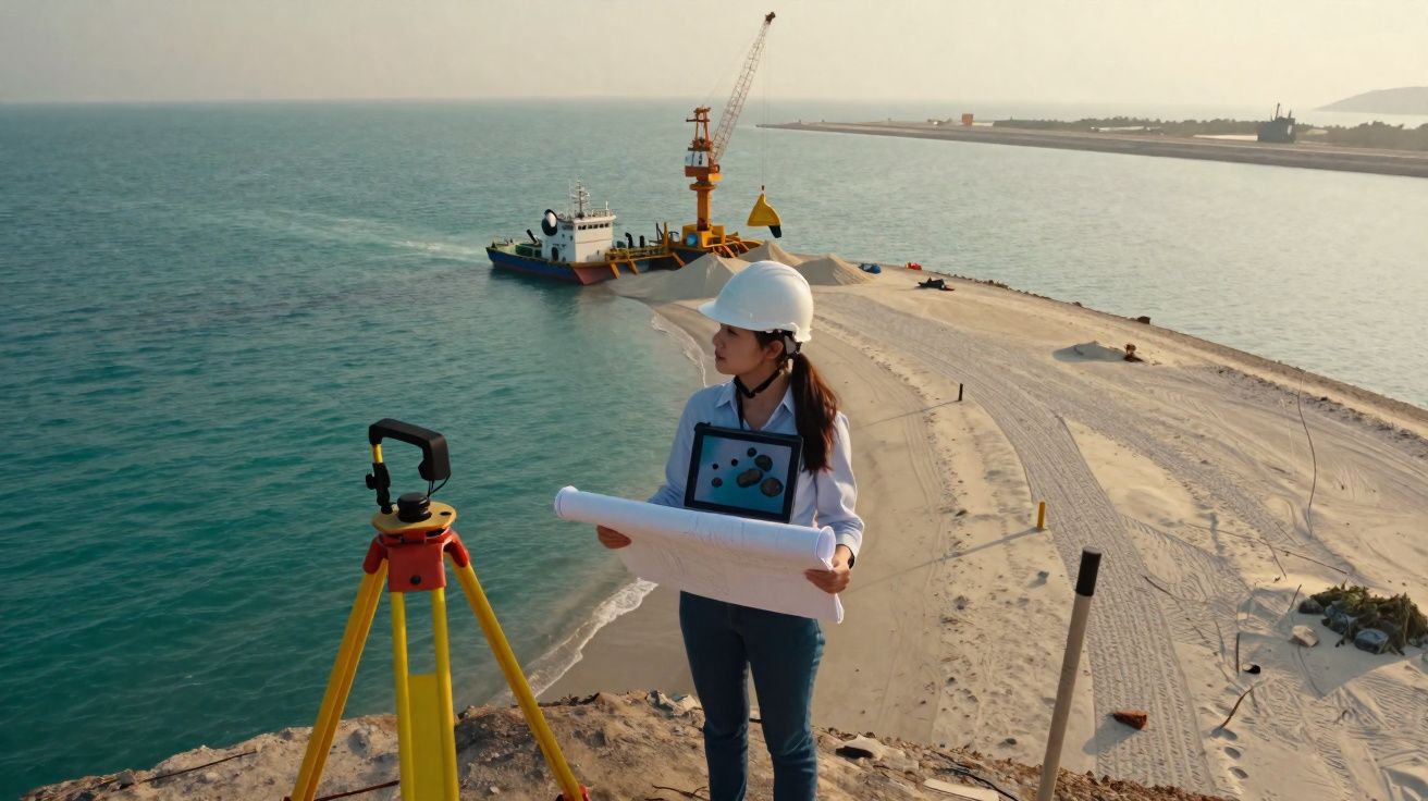 Engenheira com capacete a segurar plantas de obra em terreno junto ao mar com escavadora e barco ao fundo.
