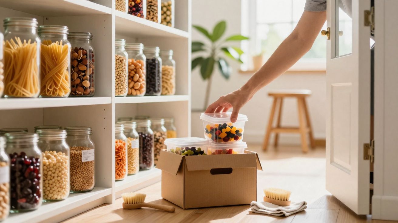 Prateleiras organizadas com frascos de alimentos secos e pessoa a arrumar caixas transparentes numa despensa.