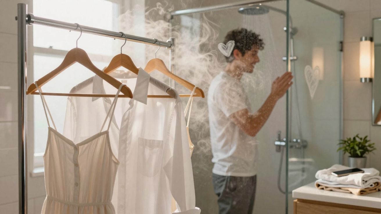 Peças de roupa penduradas num cabide com vapor à frente de um homem atrás de um chuveiro fechado em vidro.
