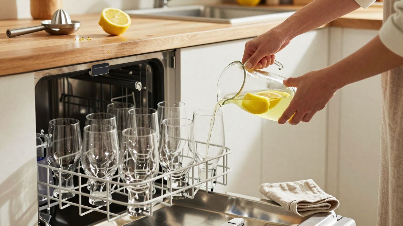 Pessoa a servir limonada em copos transparentes da máquina de lavar loiça numa cozinha moderna.