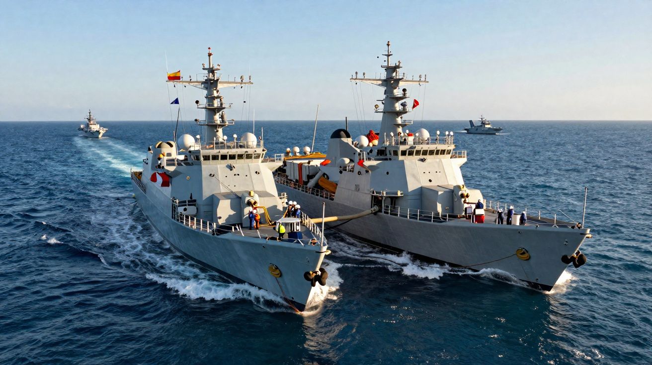 Dois navios militares portugueses lado a lado no mar com mar calmo e céu limpo.