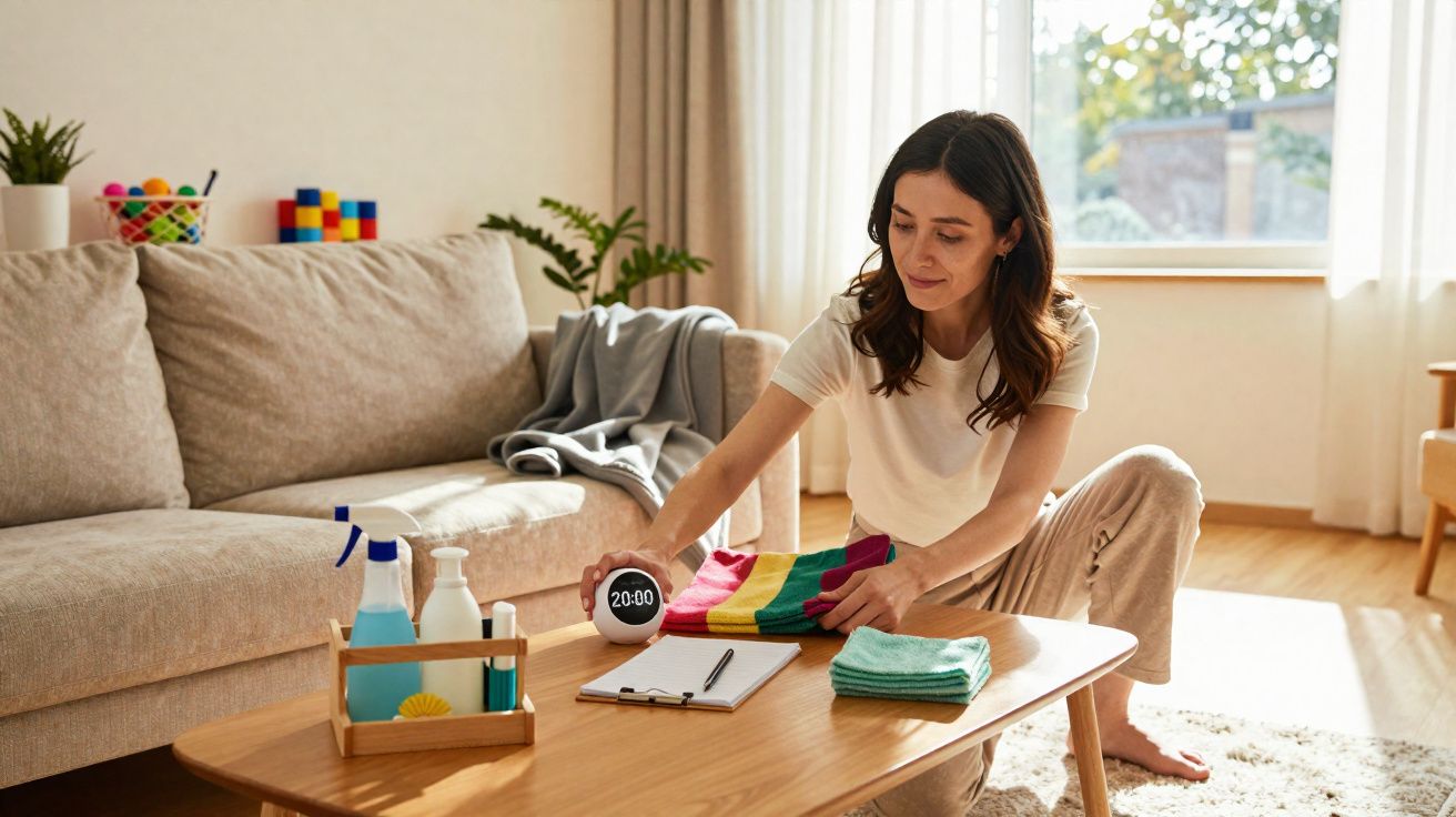 Mulher arruma a mesa com produtos de limpeza e toalhas num ambiente claro e acolhedor.
