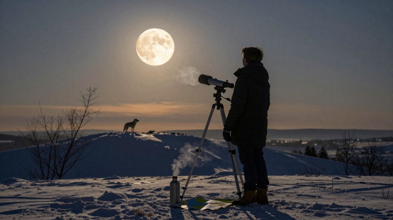 Pessoa a observar a lua cheia através de um telescópio numa paisagem de neve ao entardecer.