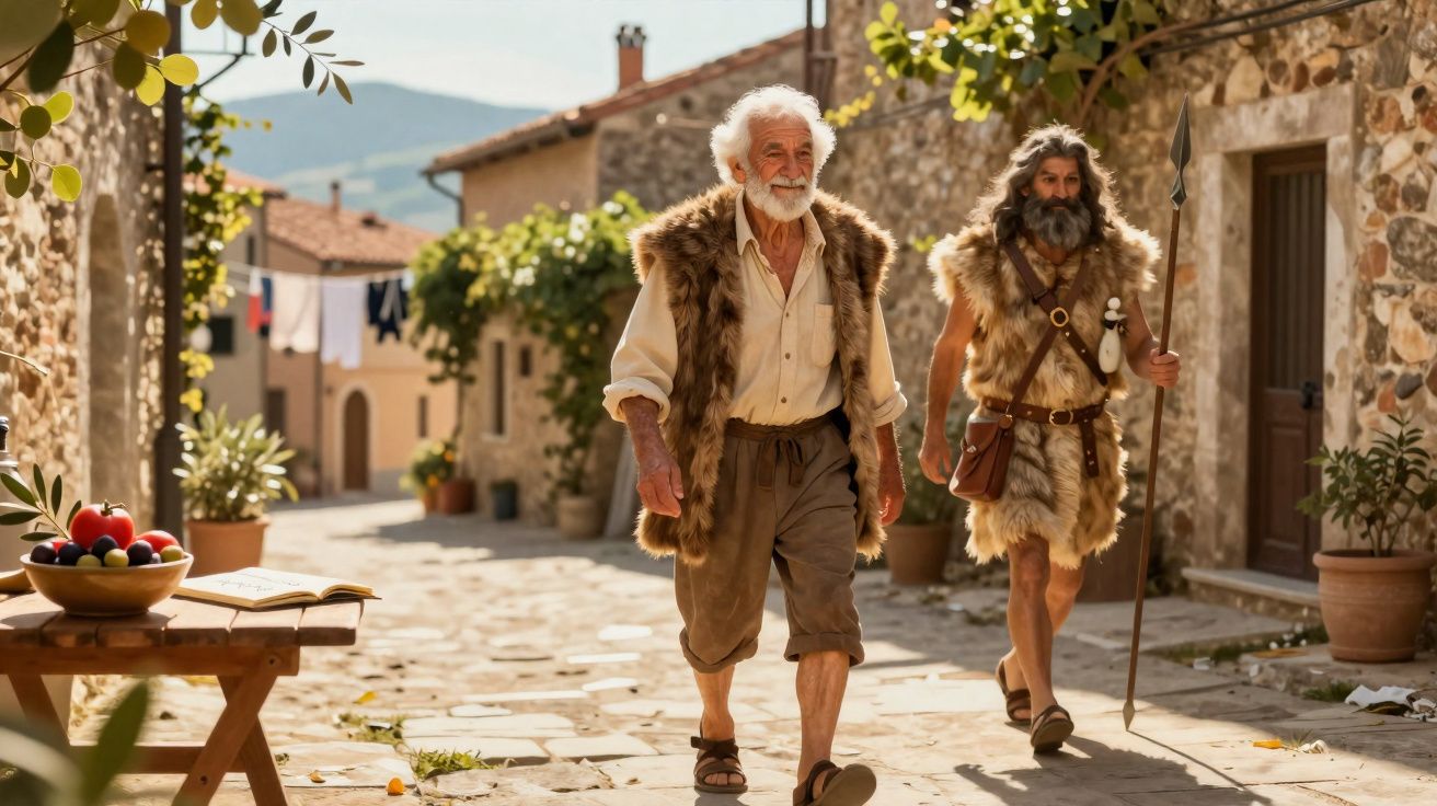 Dois homens vestidos com roupas de pele caminham numa rua de pedra numa aldeia histórica ao sol.