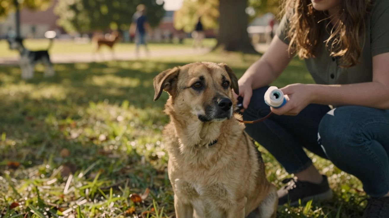 Cão castanho sentado na relva com pessoa a segurar trela e frasco de spray, parque ao fundo.