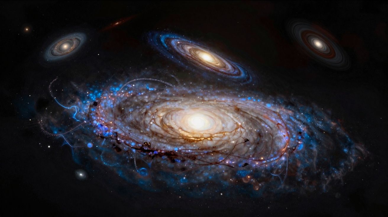 Várias galáxias espirais com núcleos brilhantes e braços azuis num espaço escuro estrelado.