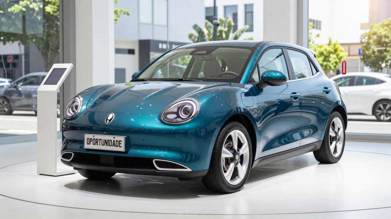 Carro elétrico compacto azul exposto em showroom com placa "Oportunidade" e painel informativo ao lado.