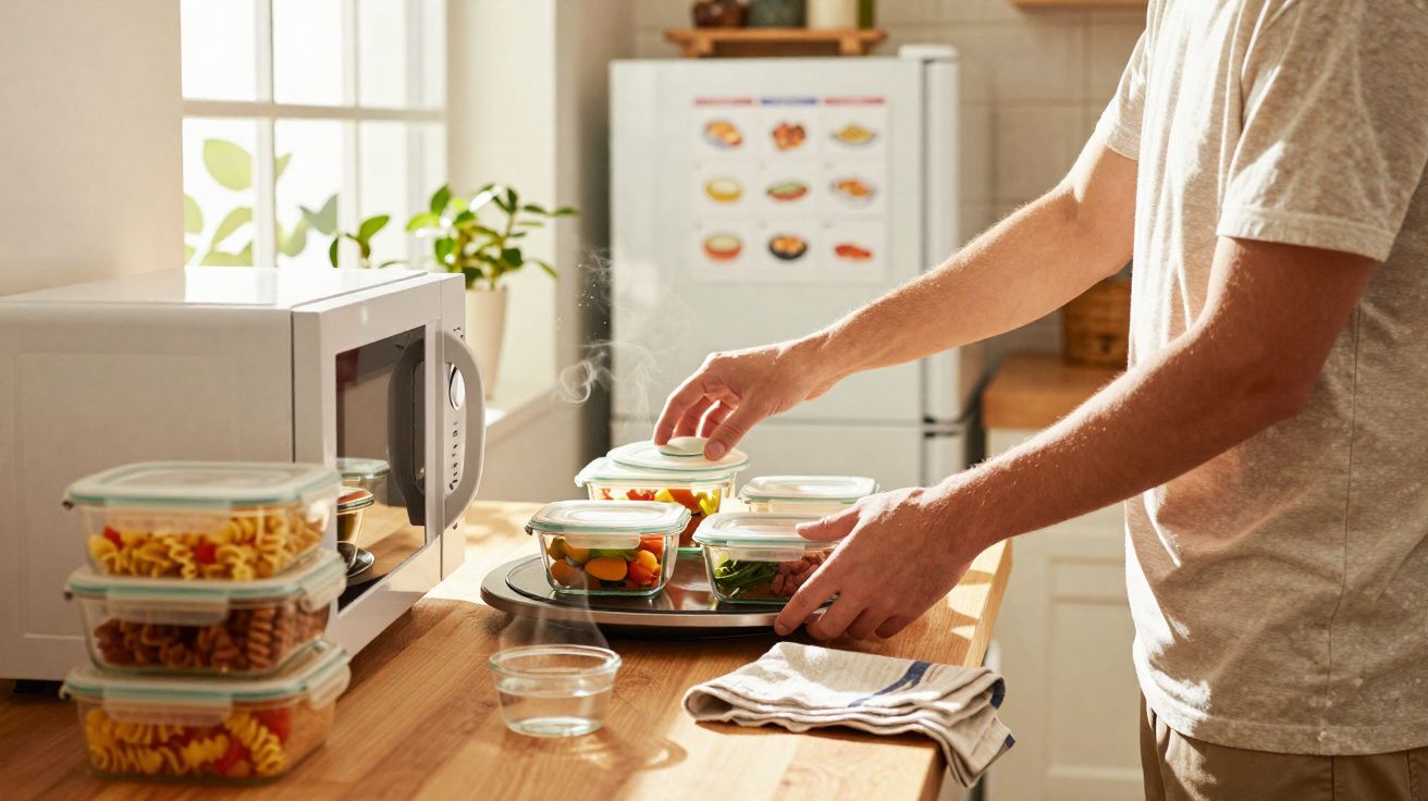 Pessoa a preparar marmitas com comida saudável numa cozinha bem iluminada junto a micro-ondas.