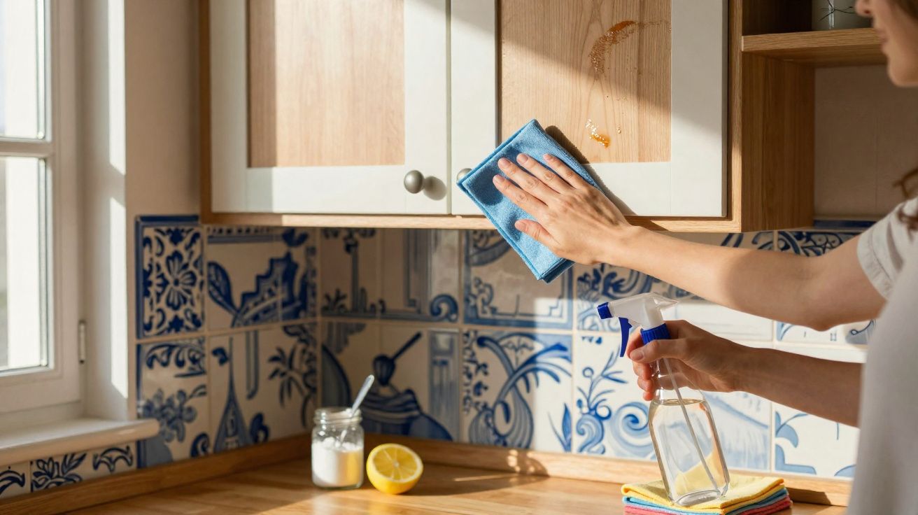 Pessoa a limpar mancha num armário da cozinha com pano azul e spray de limpeza.