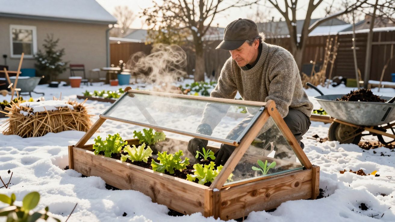 Homem a cuidar de um pequeno estufa de madeira com plantas verdes na neve durante o inverno.