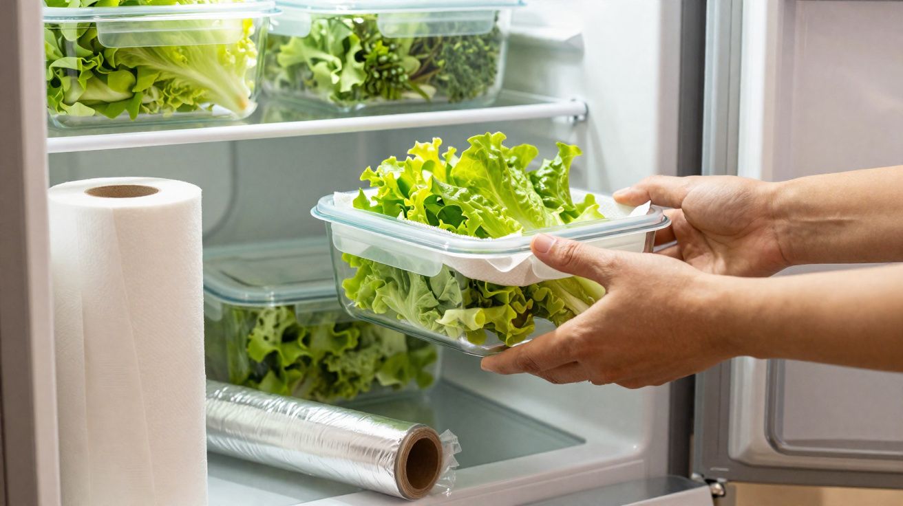 Mãos a colocar recipiente com alface fresca organizada dentro de frigorífico aberto com mais saladas.