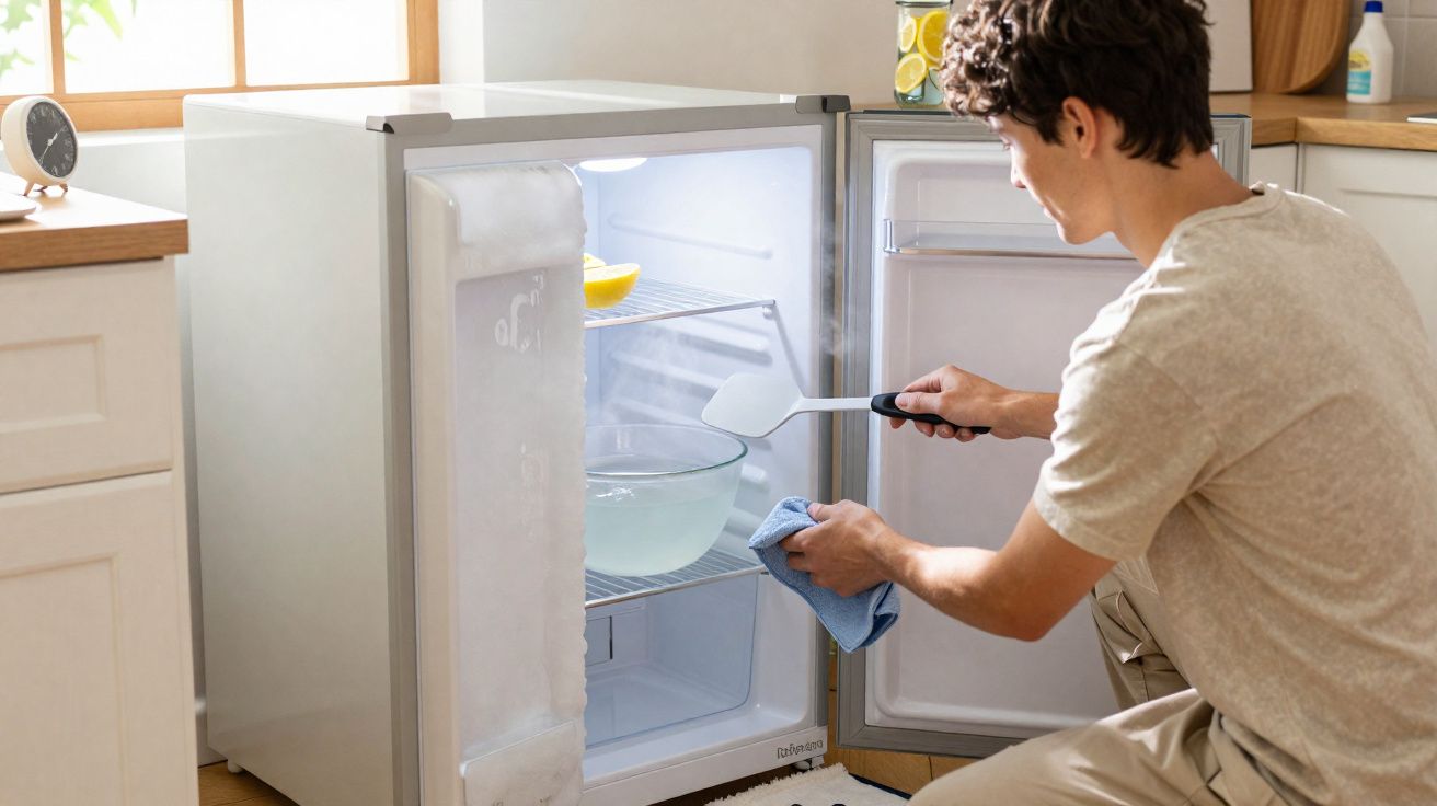 Homem a limpar a geada acumulada no congelador pequeno com uma espátula e um pano azul na cozinha.