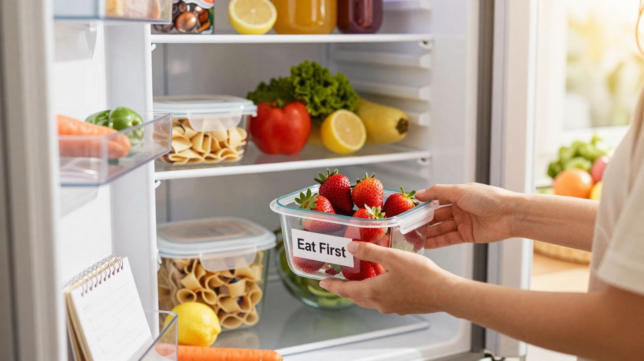 Mãos a colocar morangos numa caixa etiquetada "Eat First" dentro de uma frigorífico organizado com legumes e massas.