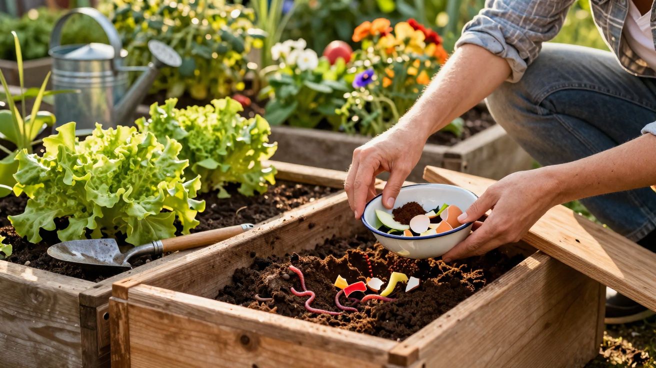 Pessoa a adicionar restos de comida para compostagem numa horta com plantas e flores ao fundo.