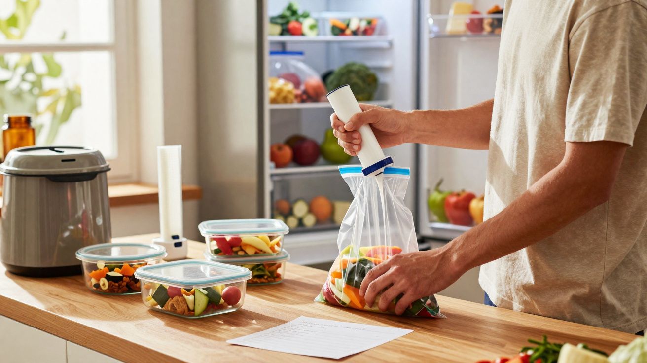 Pessoa a fechar saco reutilizável com frutas e legumes frescos numa cozinha moderna.