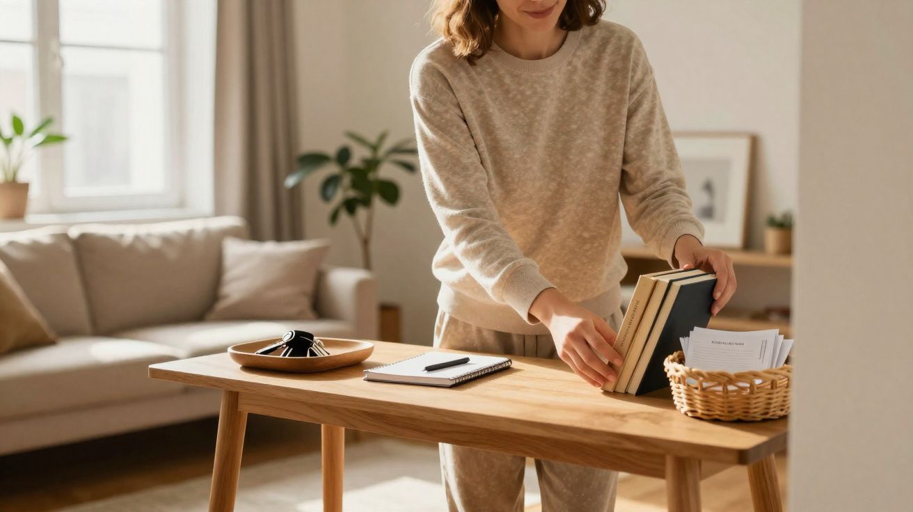 Mulher arruma livros numa mesa de madeira numa sala luminosa com sofá e plantas.