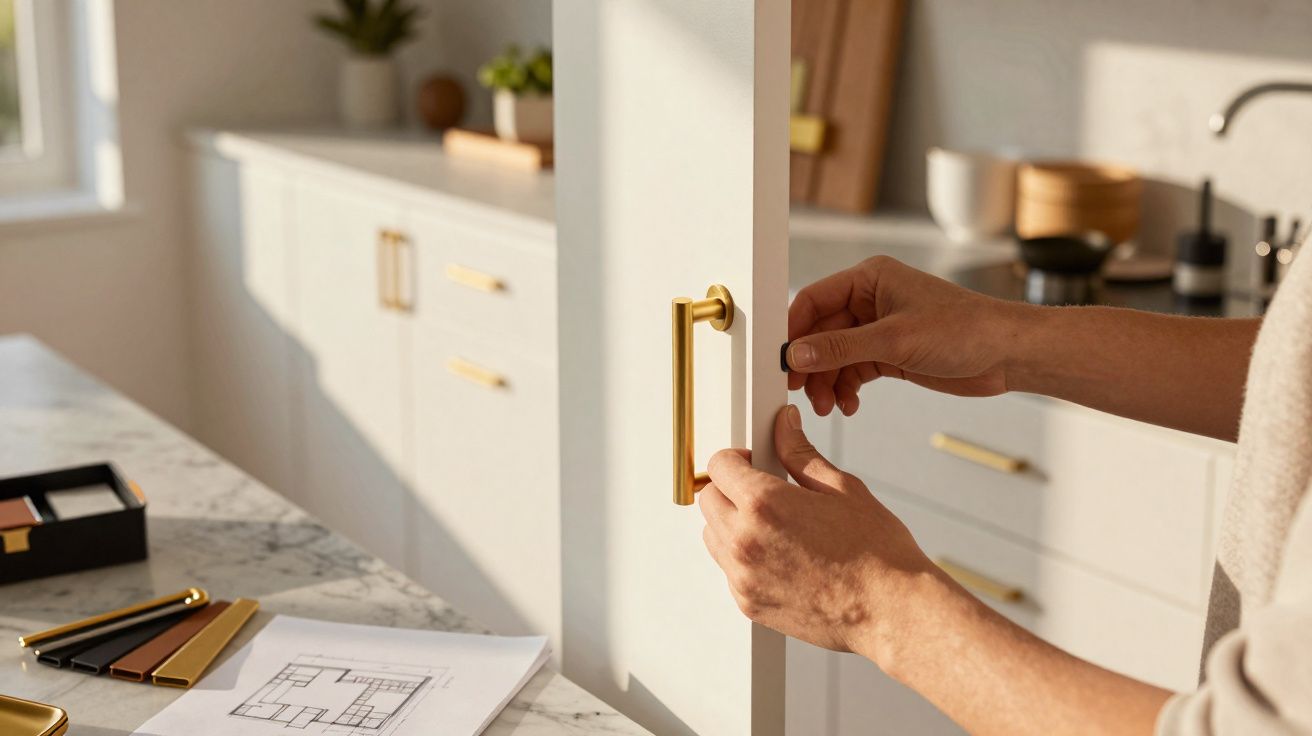 Mãos a abrir uma porta branca com puxador dourado numa cozinha moderna com balcão em mármore.