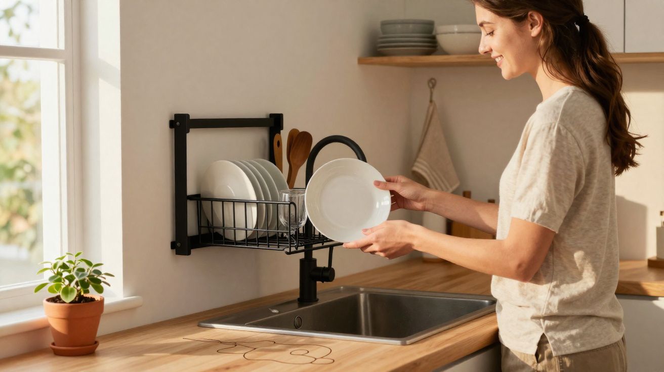 Mulher a arrumar pratos brancos numa prateleira preta acima da pia numa cozinha iluminada pela luz natural.