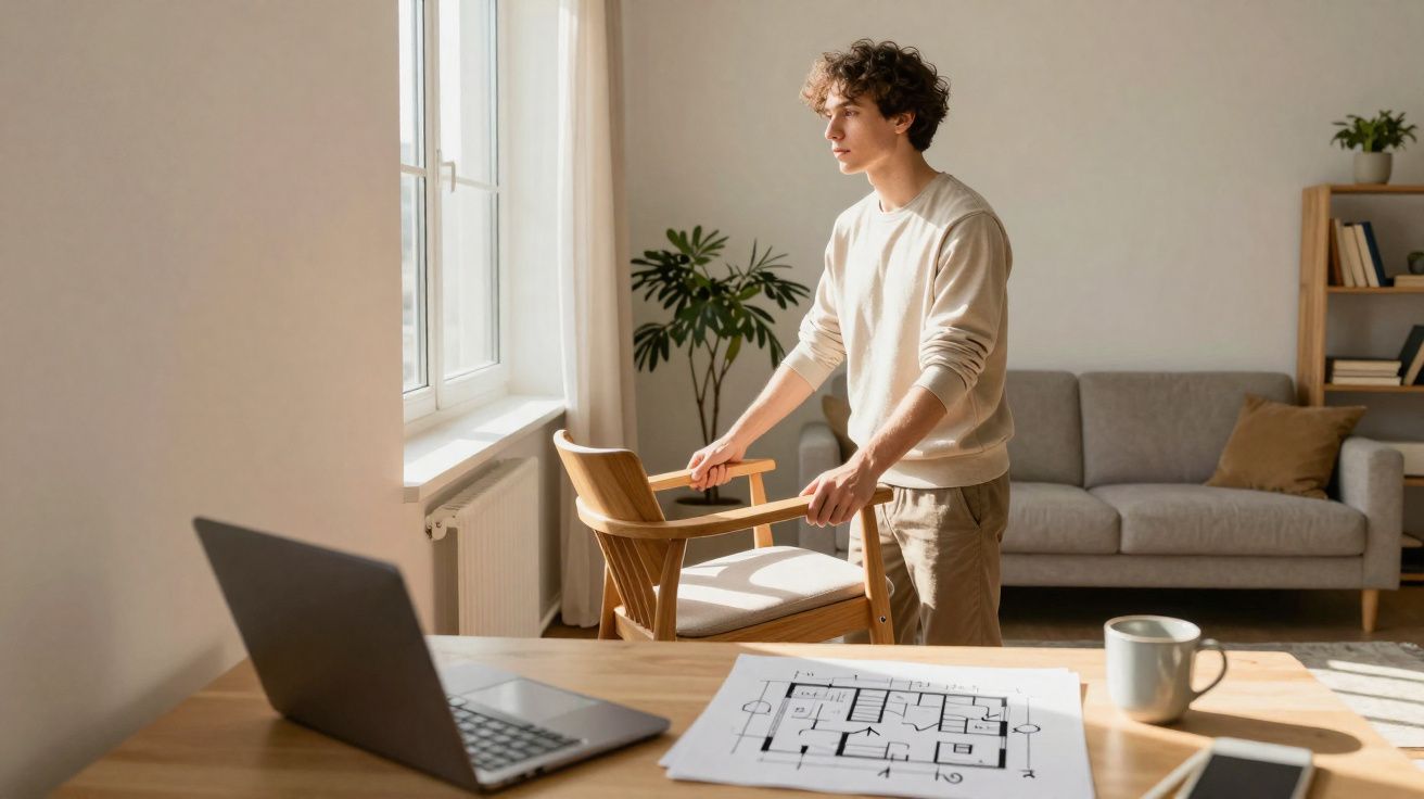 Homem a arrumar cadeira junto a uma mesa com planta, sofá, portátil, planta e planta em sala iluminada.