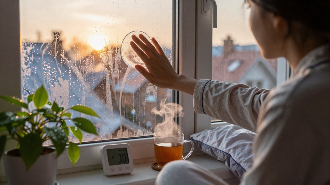 Pessoa em pijama limpa janela com um disco, chá quente na mesa e nascer do sol ao fundo.