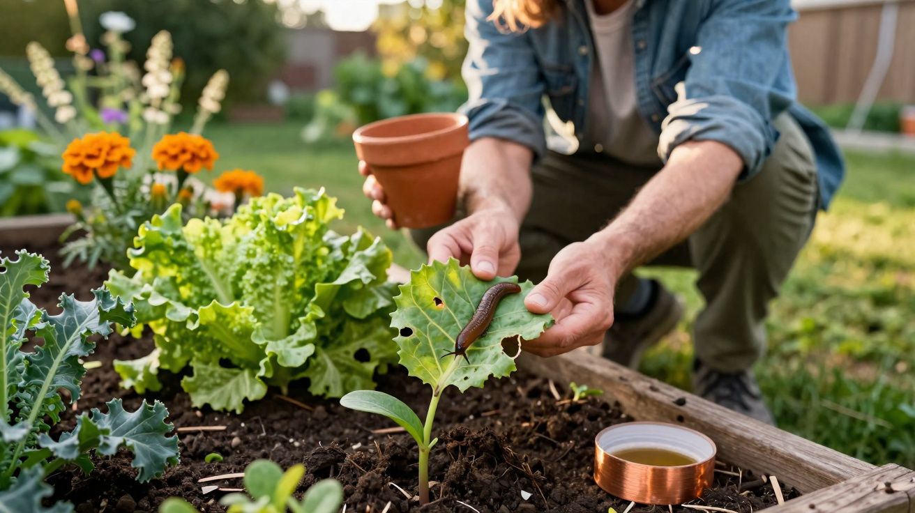 Pessoa a remover uma lesma de uma folha de planta num jardim com flores e legumes.