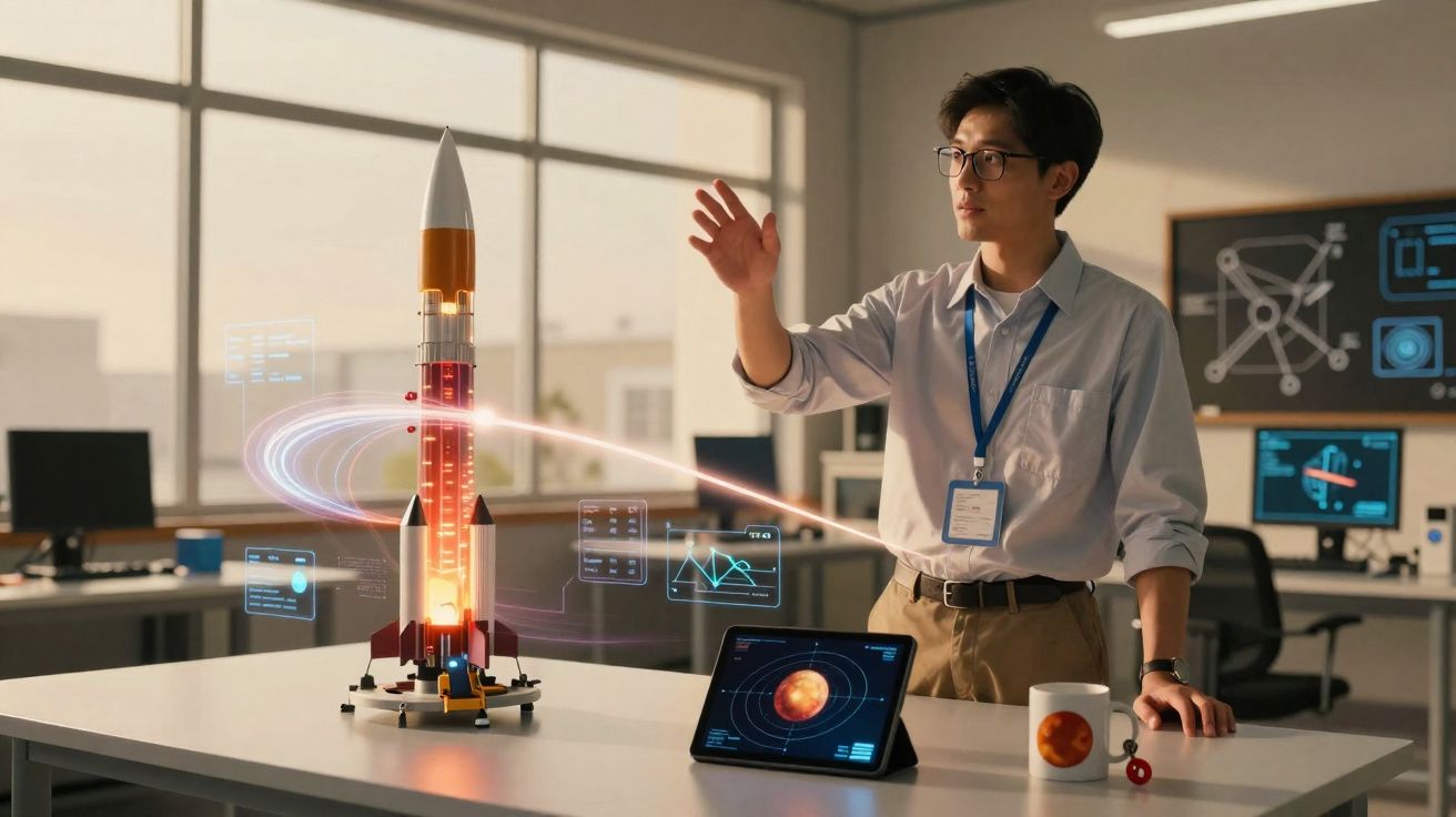 Homem a interagir com modelo de foguetão e hologramas numa sala de tecnologia moderna.