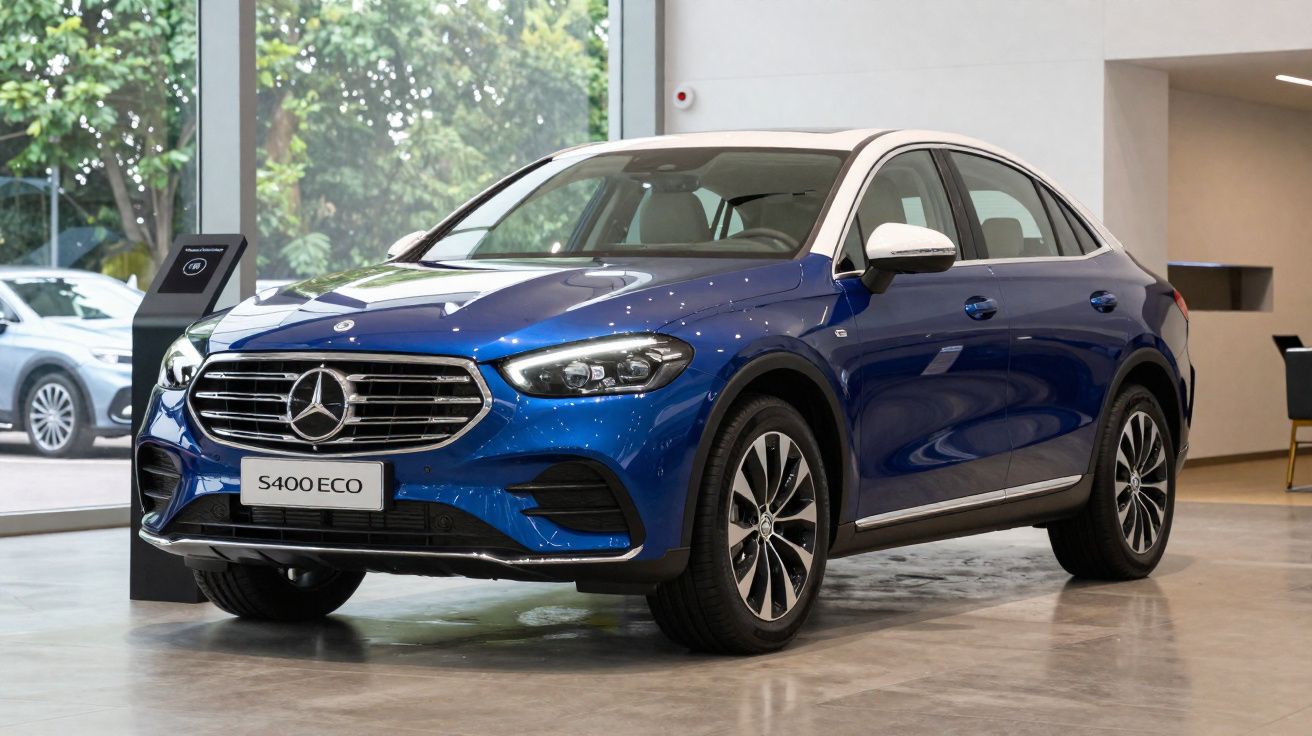 Carro Mercedes-Benz S400 ECO azul e branco exibido num showroom moderno.