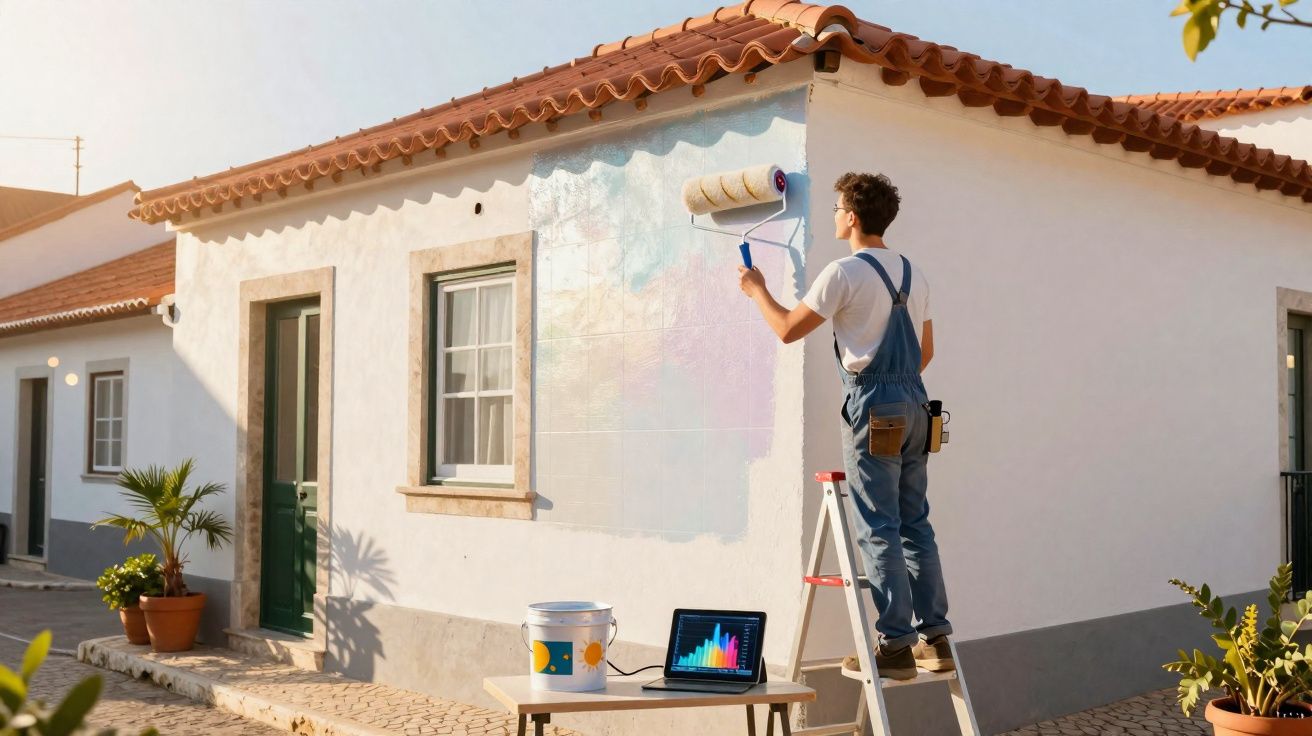Homem a pintar parede exterior de casa com rolo, em dia soalheiro, em vila com casas típicas portuguesas.