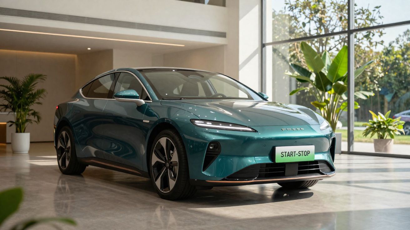 Carro elétrico verde exibido numa sala com janelas grandes e plantas decorativas ao fundo.