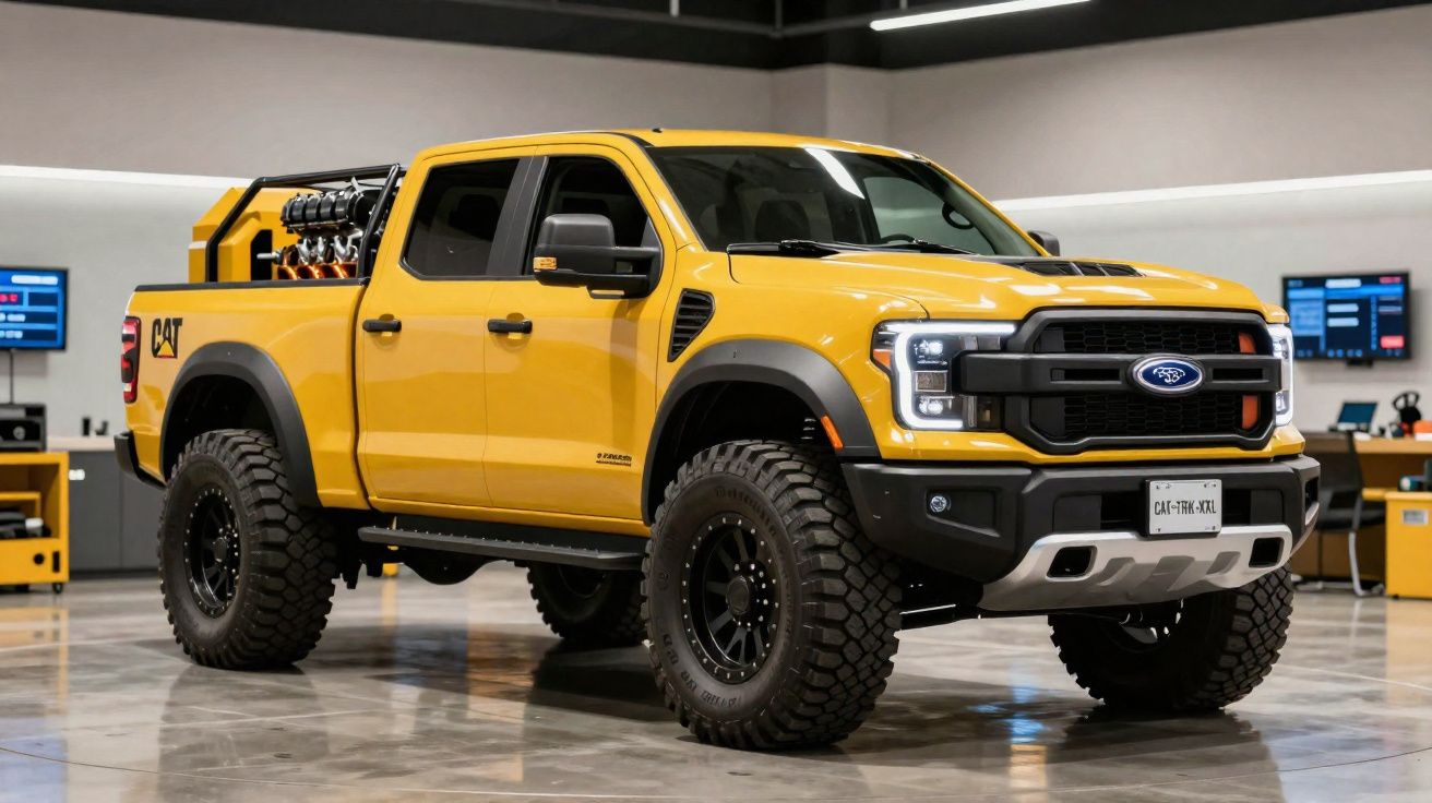 Picape amarela robusta Ford F-150 elétrica com pneus grandes e equipamento na caixa de carga, em oficina.