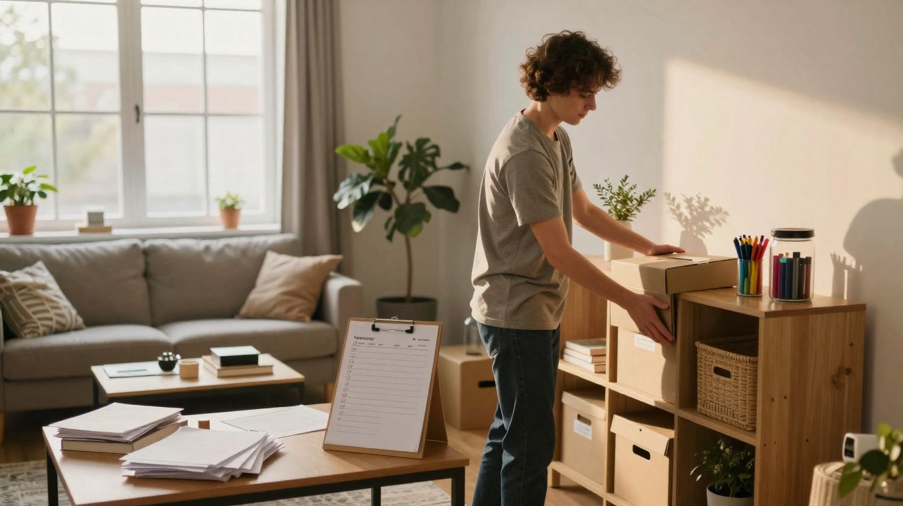 Jovem a organizar caixas numa estante numa sala luminosa com sofá e mesa com papers.