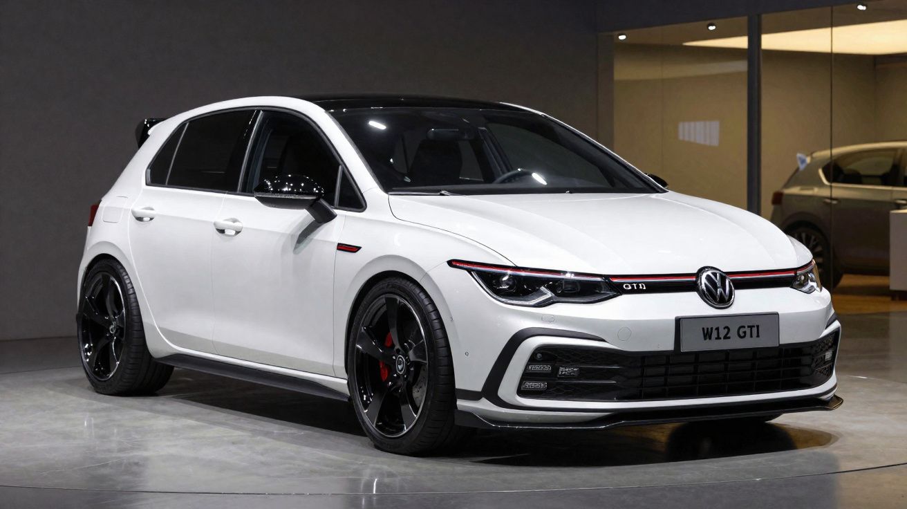 Carro Volkswagen Golf GTI branco com teto preto, jantes pretas e detalhes vermelhos, em ambiente interior.