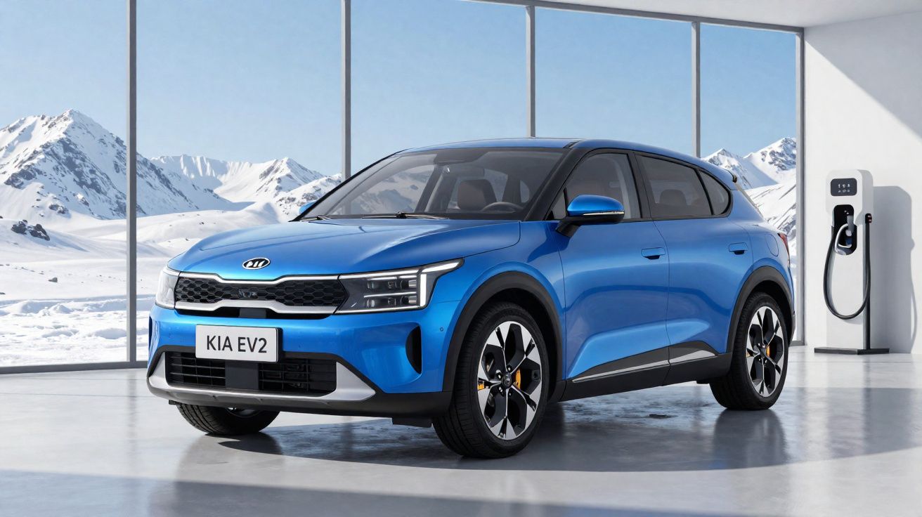 Carro elétrico azul Kia EV2 estacionado interior com grandes janelas e montanhas nevadas ao fundo.