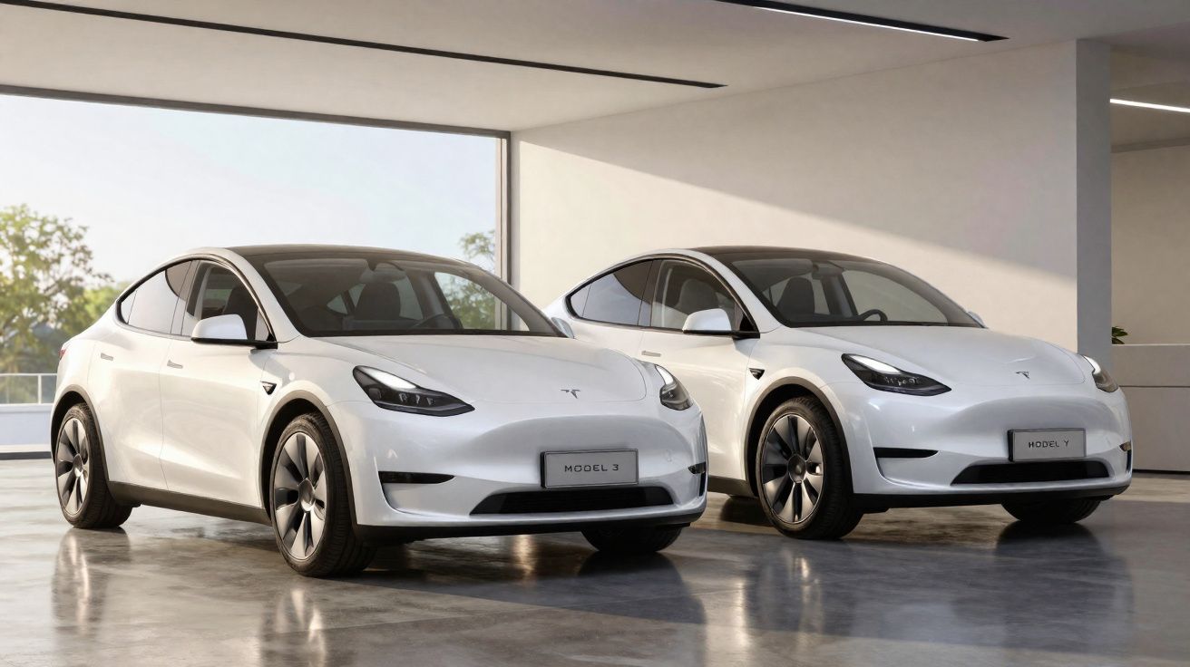 Dois carros elétricos brancos Tesla Model 3 e Model Y estacionados em garagem moderna e iluminada.