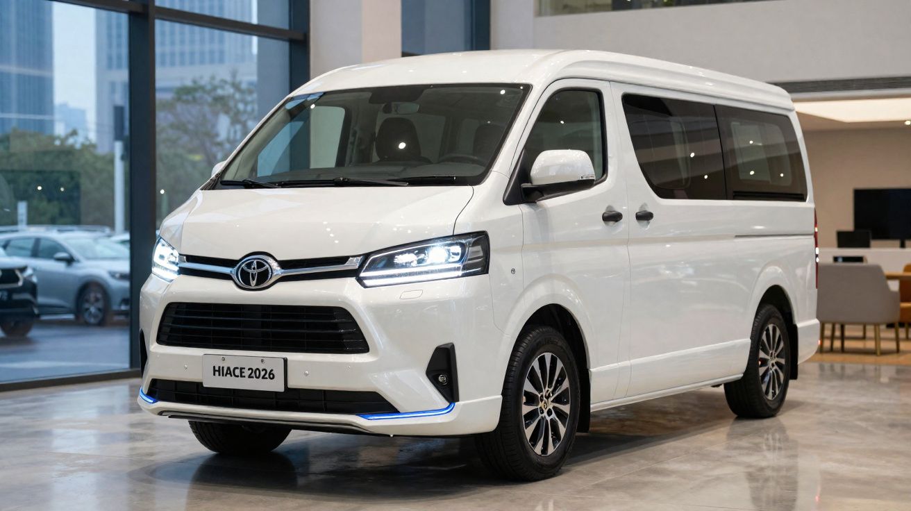 Furgão Toyota Hiace 2026 branco estacionado num salão com luzes LED ligadas.