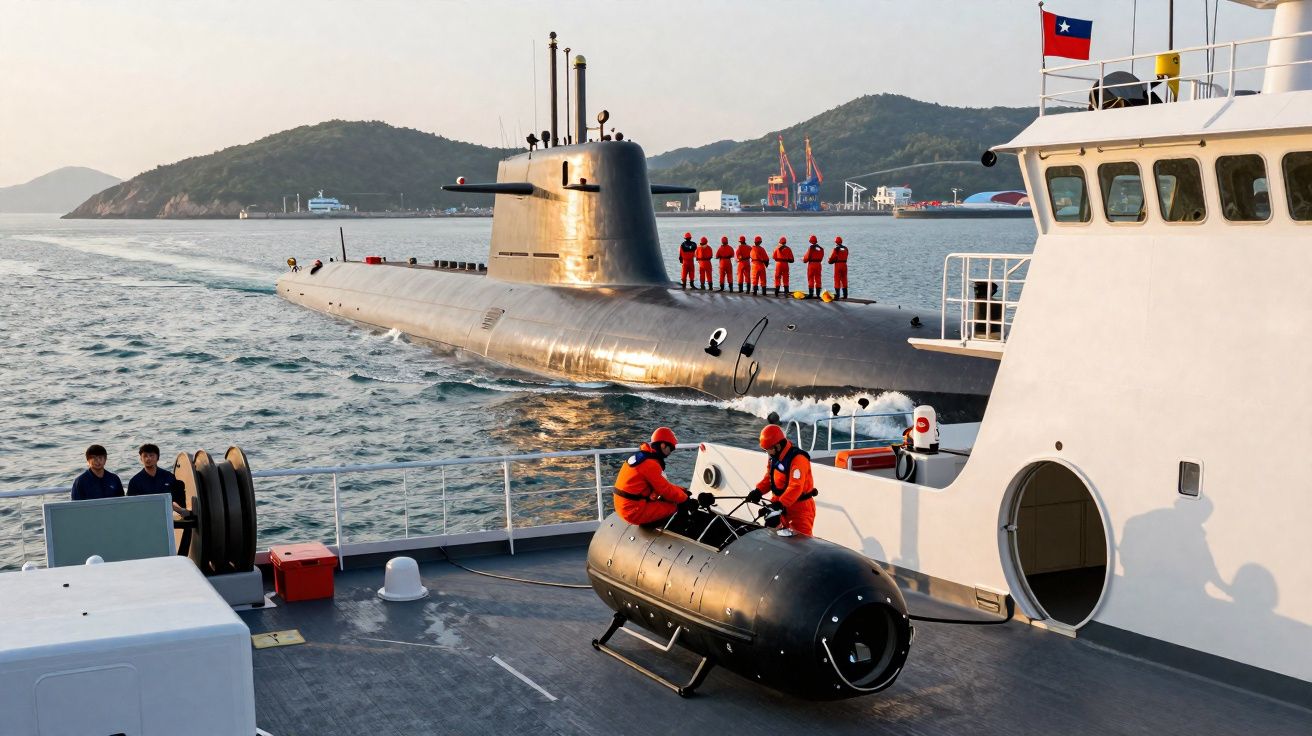 Submarino militar à tona com tripulantes em uniforme vermelho e apoio de barco com dois operários em bote preto.
