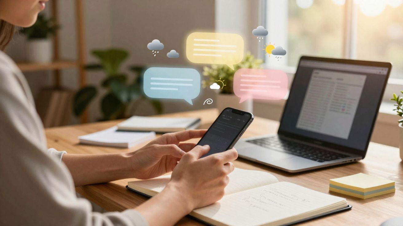Pessoa a usar smartphone com mensagens e ícones de meteorologia em ambiente de escritório com portátil e caderno.