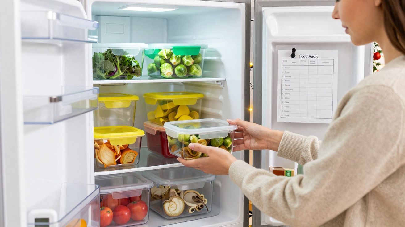 Mulher a organizar legumes e frutas em recipientes dentro do frigorífico branco.