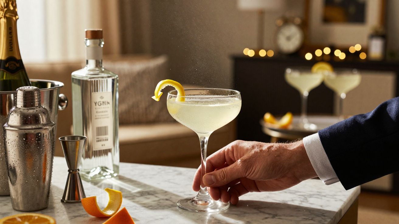 Mão masculina a segurar coquetel com rodela de limão, garrafa de gin e utensílios de bar em balcão.