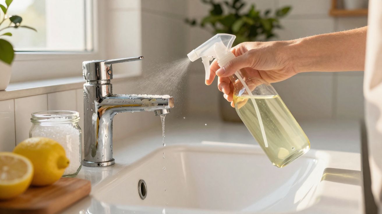 Pessoa a limpar torneira da cozinha com spray e pano, com limões e frasco ao lado da pia.