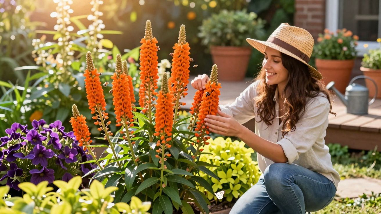 Jovem sorridente a cuidar de flores laranja num jardim soalheiro com chapéu de palha.