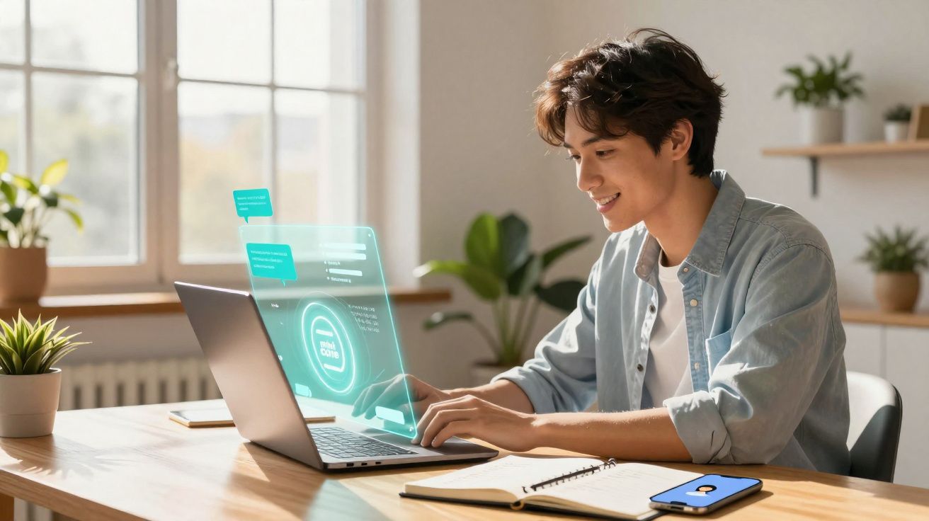 Pessoa jovem a trabalhar num computador portátil com interface digital futurista numa sala iluminada e plantas ao fundo.