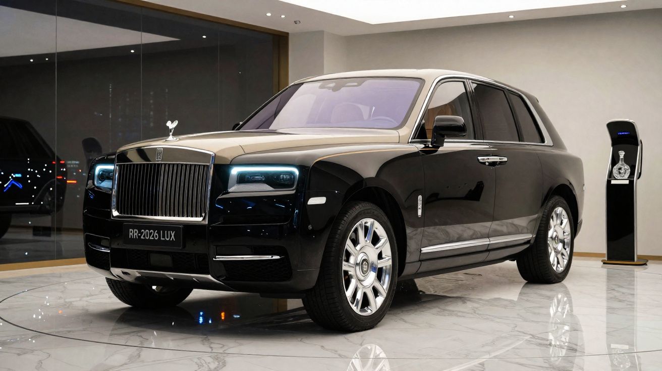 Carro de luxo preto e bege Rolls-Royce no showroom com piso de mármore e carregador elétrico ao lado.
