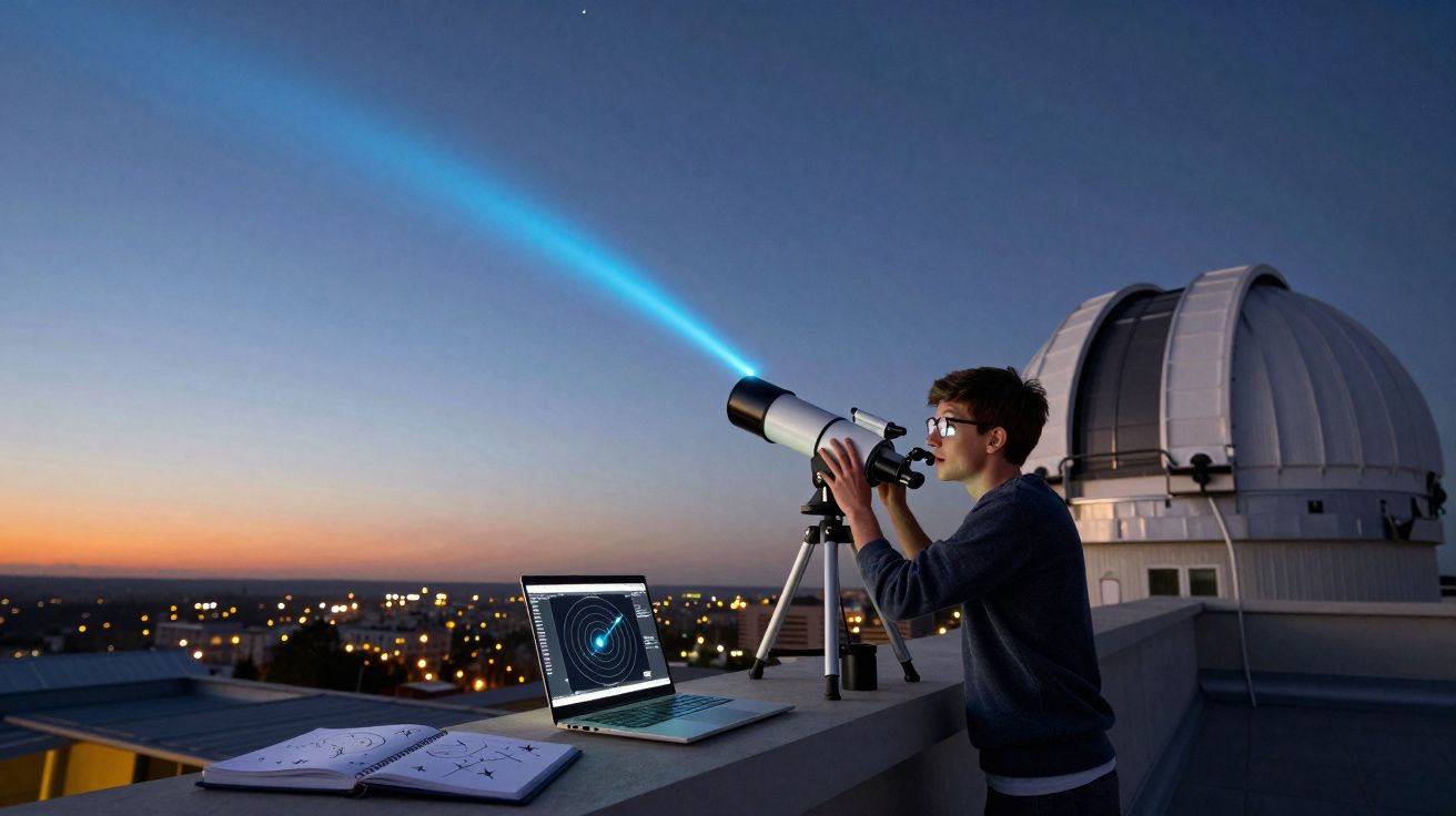 Jovem a observar o céu noturno através de um telescópio numa varanda, com laptop e notas abertas.