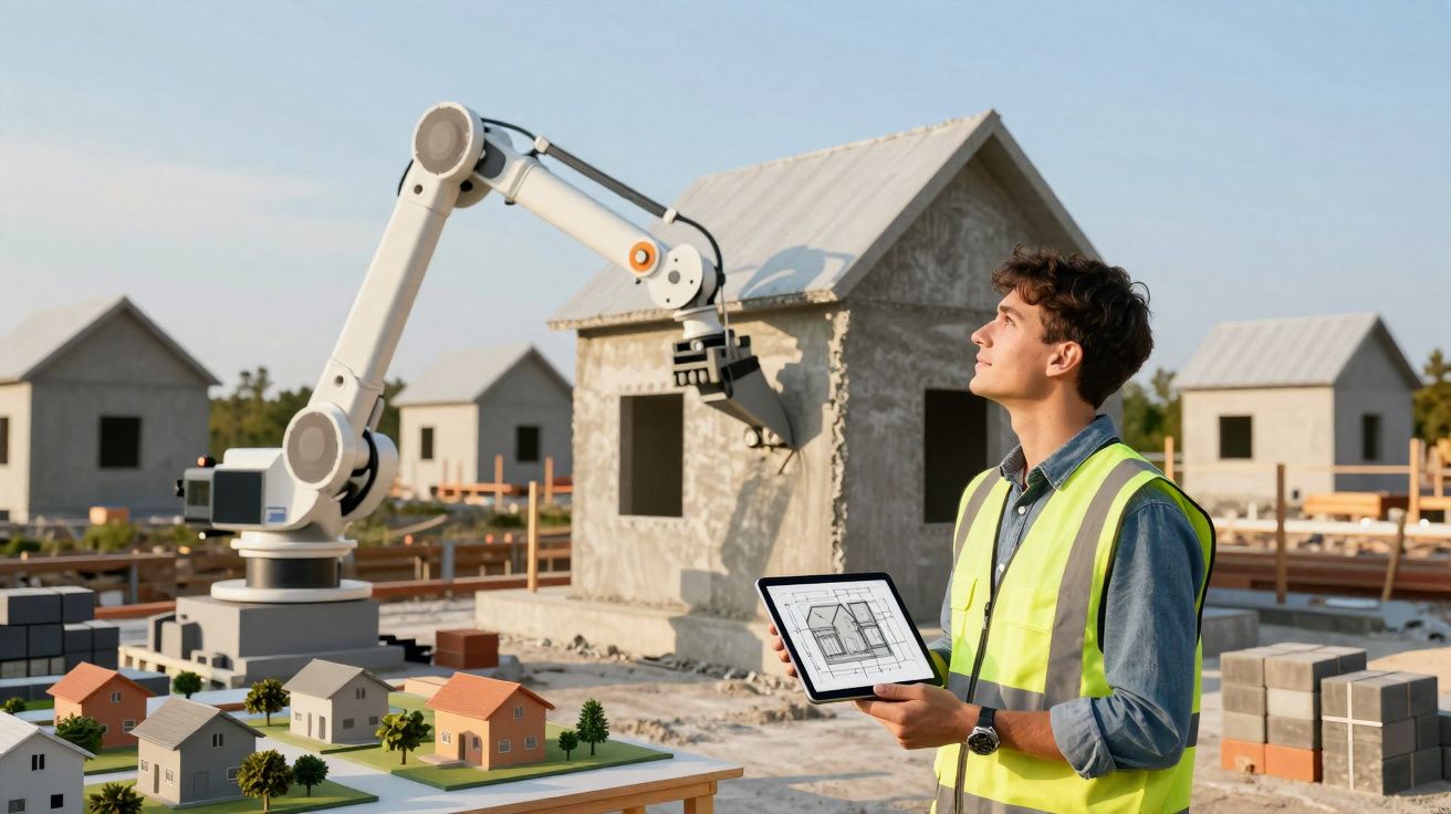 Engenheiro com tablet controla braço robótico a construir casa em miniatura num canteiro de obras.