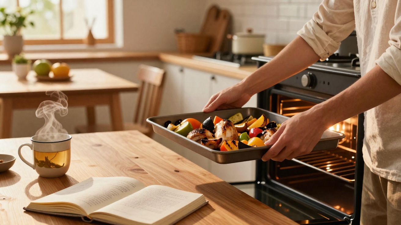 Pessoa a retirar assadeira com legumes e frango do forno numa cozinha luminosa, com chá quente e livro sobre a mesa.