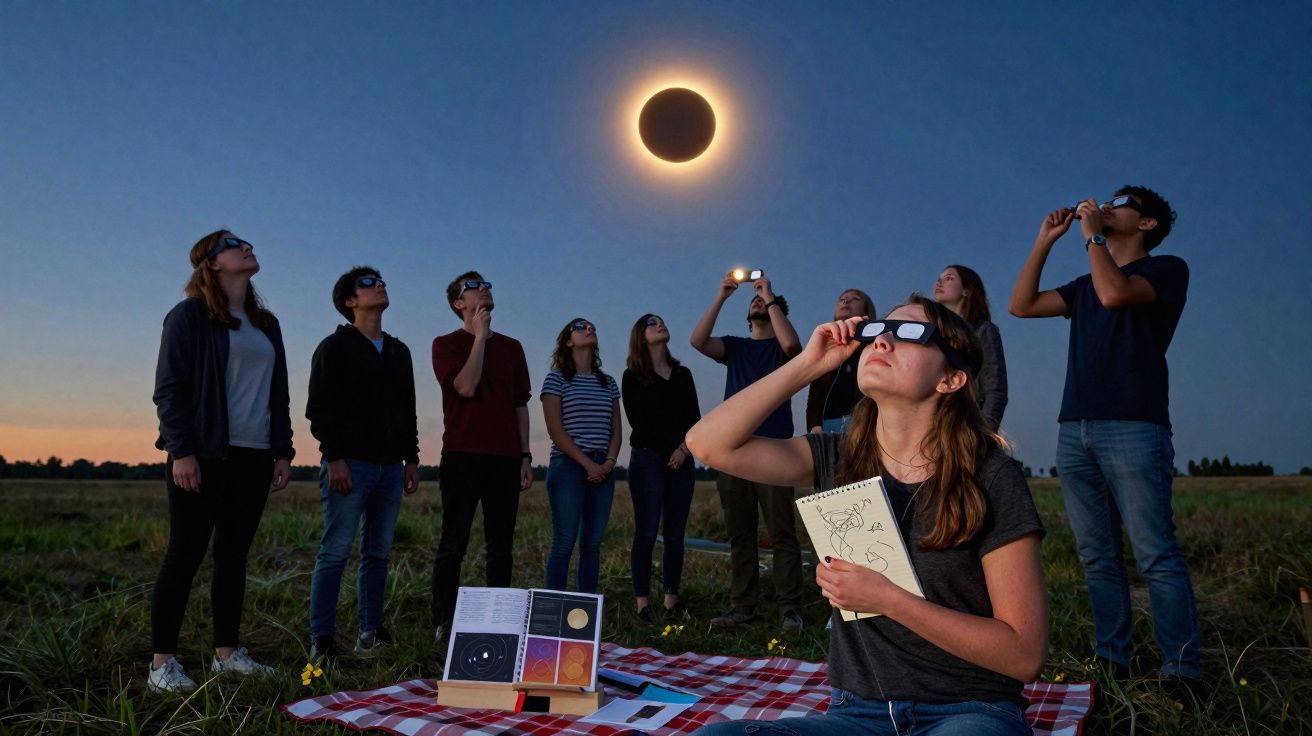 Grupo de pessoas num campo a observar um eclipse solar total ao pôr do sol, todas de óculos especiais.