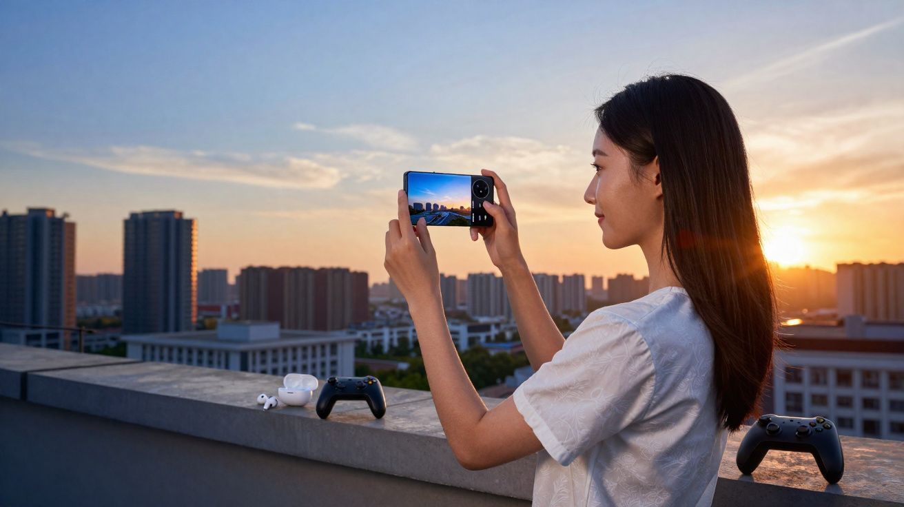 Mulher a tirar foto do pôr do sol na cidade com telemóvel numa varanda, com comandos e auscultadores.