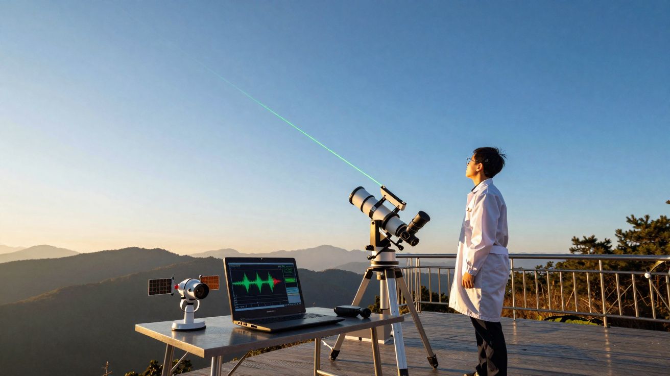 Pessoa com bata branca observa telescópio com laser verde em varanda ao ar livre, com montanhas ao fundo ao pôr do sol.