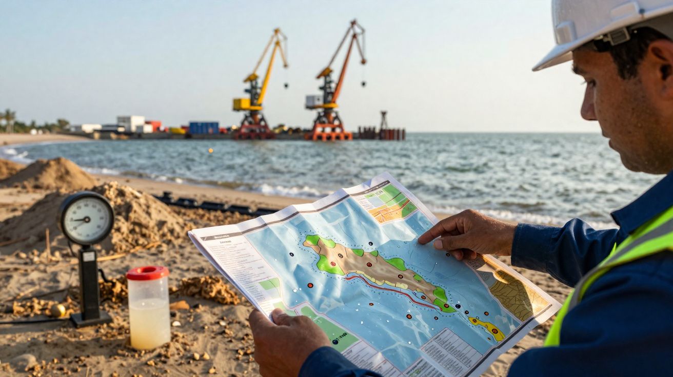 Homem com capacete consulta mapa na praia junto a equipamento de medição e cais com gruas ao fundo.